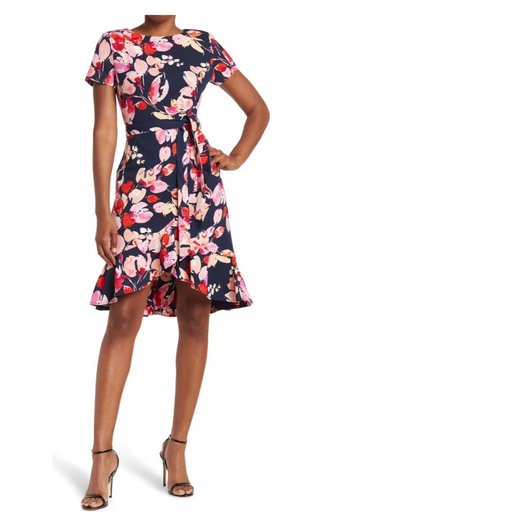 Calvin Klein Floral Short Sleeve Ruffle Dress